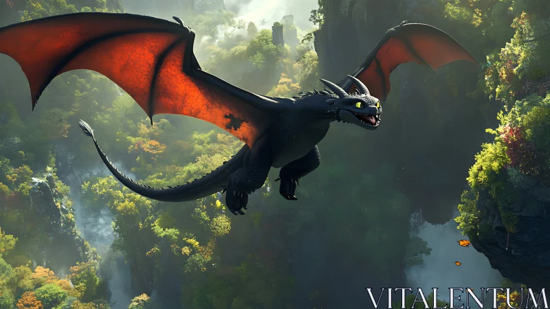 Fantasy dragon glide across luminous canyon environment.