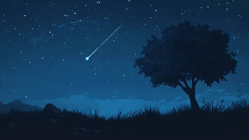 Nocturnal landscape with shooting star and silhouetted tree.