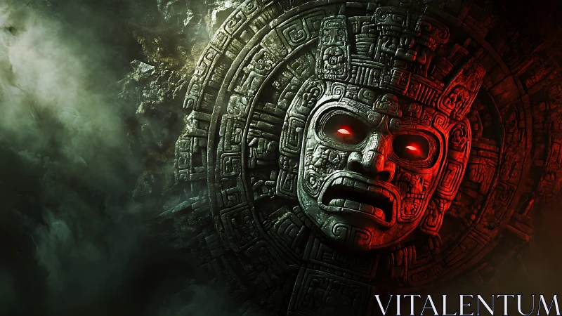 Ancient stone mask glows with eerie red light in swirling mist