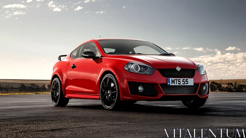 Red sports coupe parked on open asphalt road at dusk.