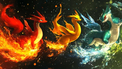 Elemental dragon trio surges through fire, lightning, water