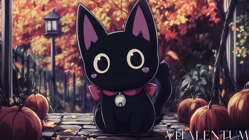 Charming black cat friend resting among glowing autumn pumpkins.