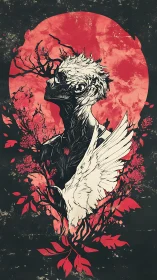 Hybrid skeletal figure framed by red lunar disc and winged flora