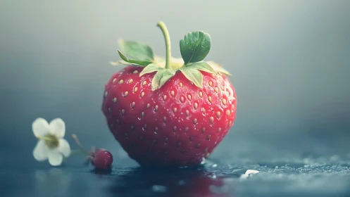 Ripe strawberry rests on wet surface in dreamy light.