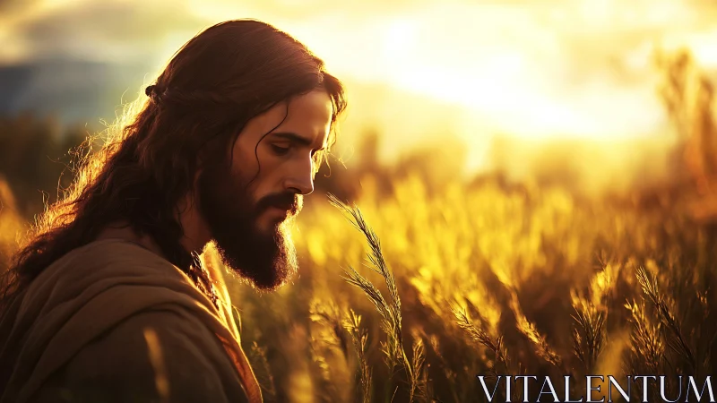 Peaceful robed figure walking through glowing golden field.