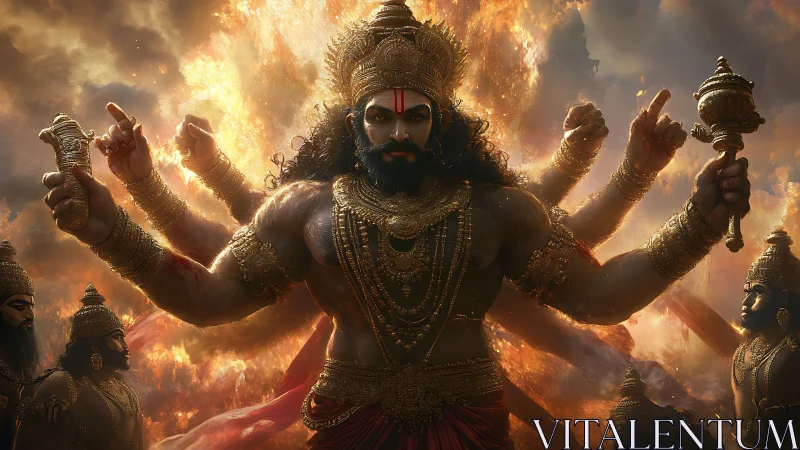 Multi-armed warrior deity rises amid blazing cosmic firestorm.
