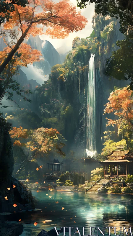Autumn mountain waterfall over tranquil shrine terraces.