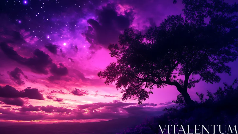 Silhouetted hillside tree under magenta nebular twilight sky