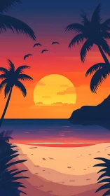 Stylized tropical sunset seascape employs bold vector gradients