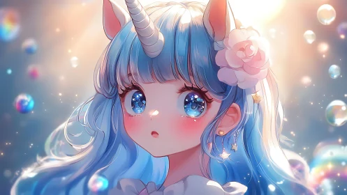 Pastel unicorn girl with luminous blue eyes and bubbles.