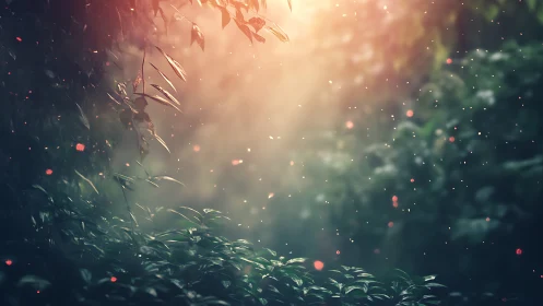 Forest vegetation with diffused light particles and atmospheric depth.