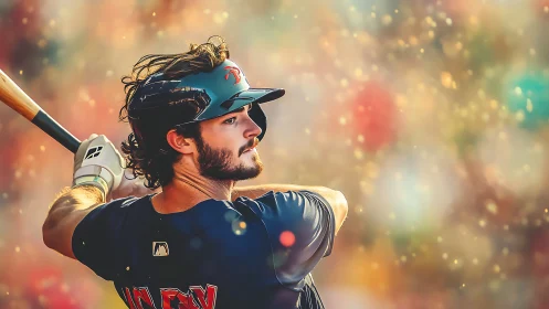 Right-handed batter in mid-swing amid glowing bokeh field.