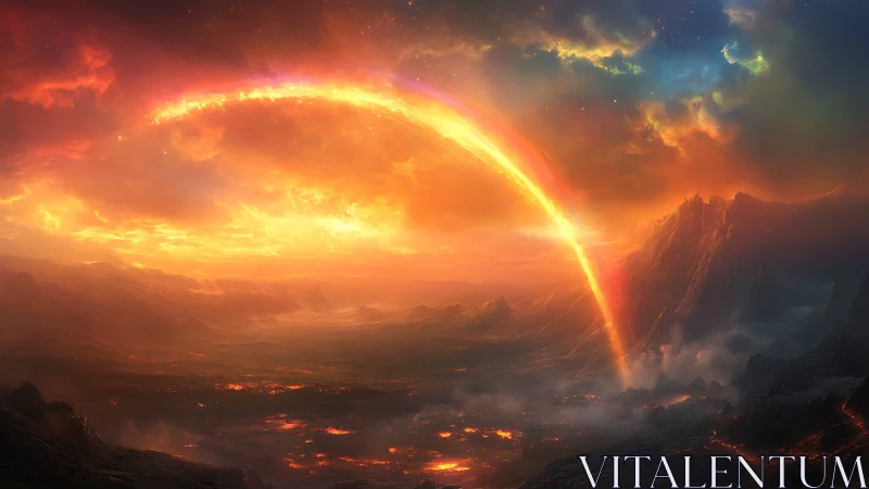 Stellar plasma arc over volcanic alien basin at sunrise