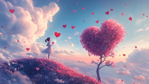 Solitary figure dreams among clouds where a heart-shaped tree blooms endlessly