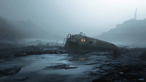 Leaking nuclear tanker tilts in bleak foggy wasteland.