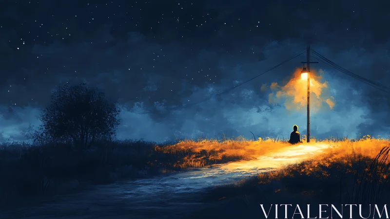 Figure under rural streetlight on starry night landscape.