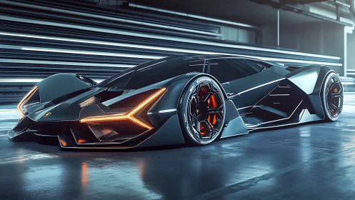 Futuristic hypercar with angular bodywork and neon lighting.
