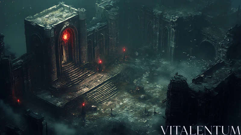 Ruined gothic citadel with infernal portal illumination.