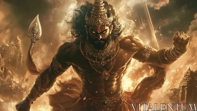 Mythic warrior strides through burning skyscape with force.