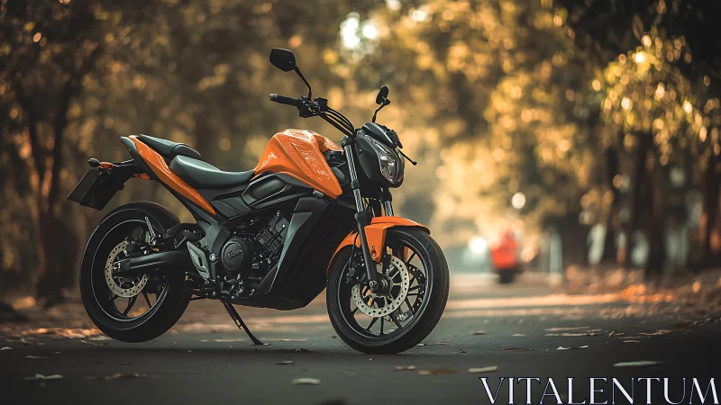 Sunlit orange streetfighter pauses in a golden forest lane.
