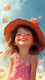 Sunlit giggles in a flowerblown summer sky portrait.