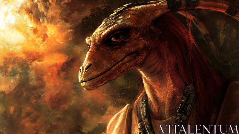 Horned reptilian warrior framed by molten sky glow.