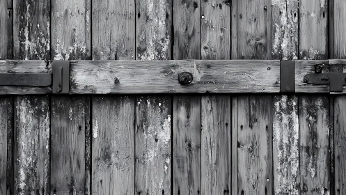 Weathered wooden gate is secured by horizontal locking bar