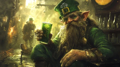 Leprechaun barkeep renders high-detail green ale in warm tavern