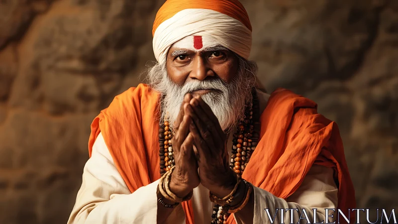 Photorealistic portrait of elderly guru in devotional gesture.