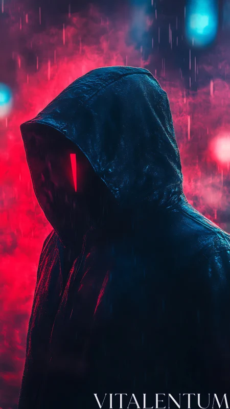 Hooded cyber silhouette in neon rain with red visor glow.