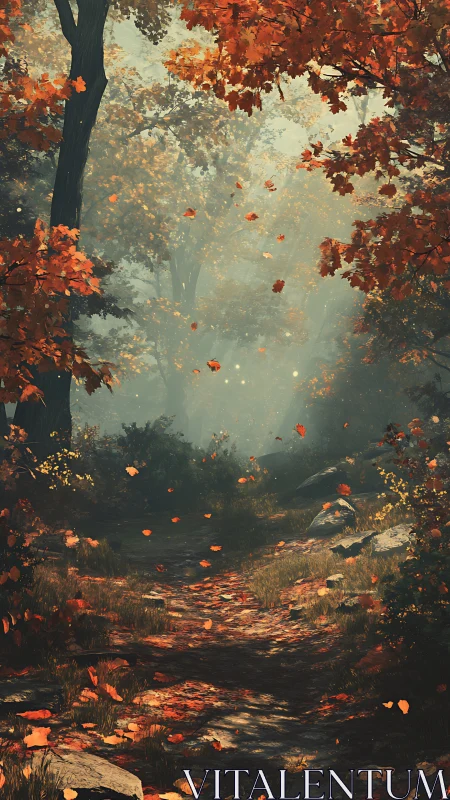 Autumn Forest Path Enveloped in Misty Woodland Atmosphere