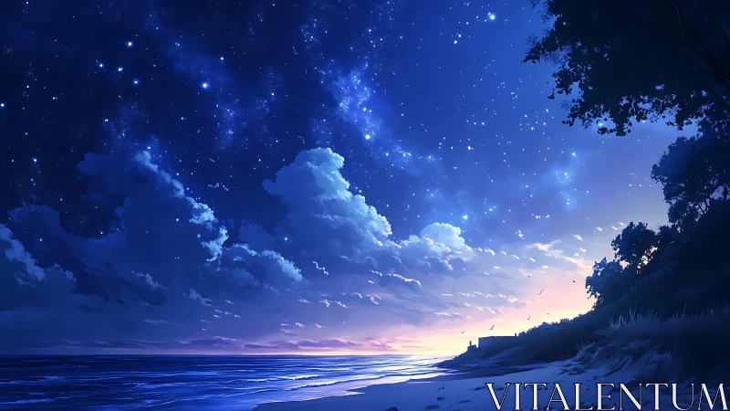 Starlit shoreline hush beneath a galaxy-blue canopy.