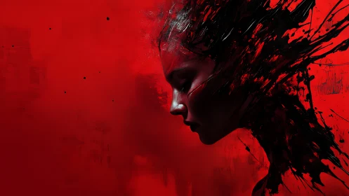 Profile of fragmented head in red and black abstract field.