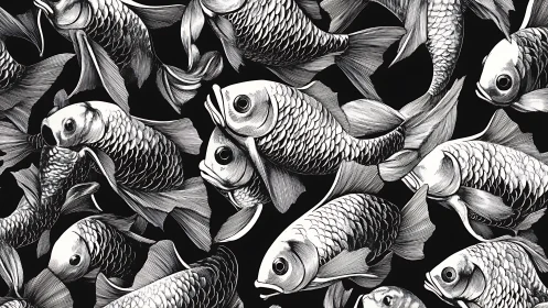 Monochrome koi parade swirling in densely layered currents.