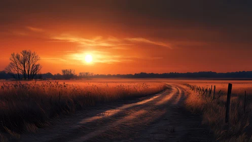 Rural dirt road curves through golden field at sunset.