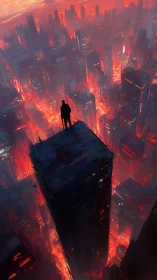 Lone figure overlooking burning red futuristic cityscape