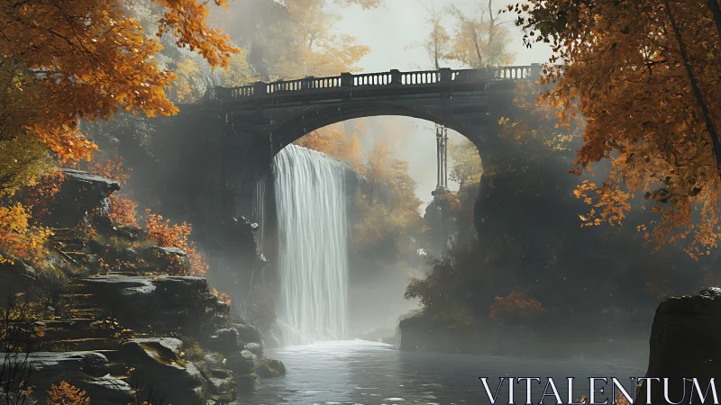 Sunlit stone bridge over a secret autumn waterfall escape.