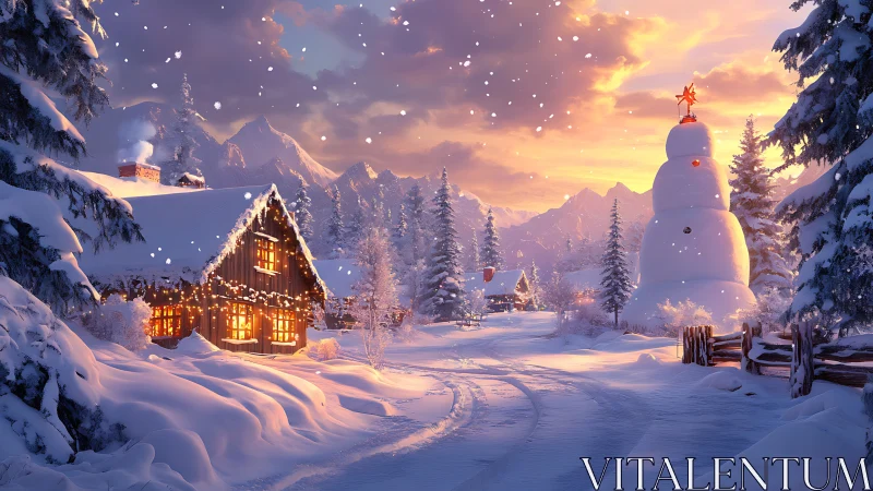 Snowy mountain village glows under warm winter sunset sky