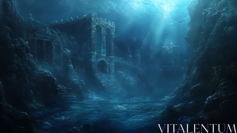Silent blue ruins of a forgotten underwater kingdom.