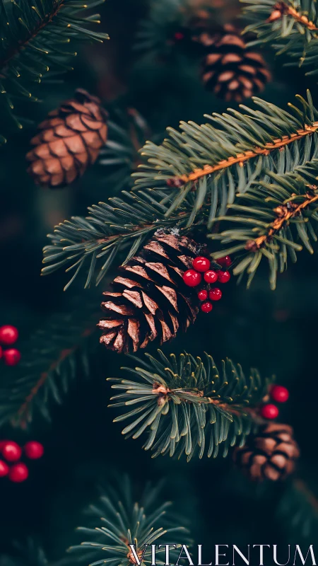 Pine branches with cones and red berries in close focus.