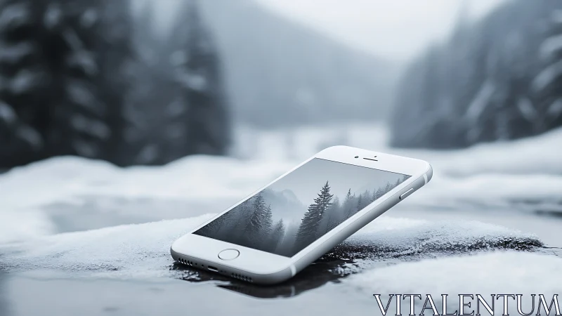 Smartphone rests on icy surface, reflecting misty forest scene