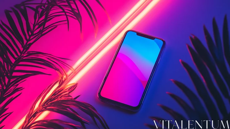 Smartphone on neon lit surface with tropical leaves around.