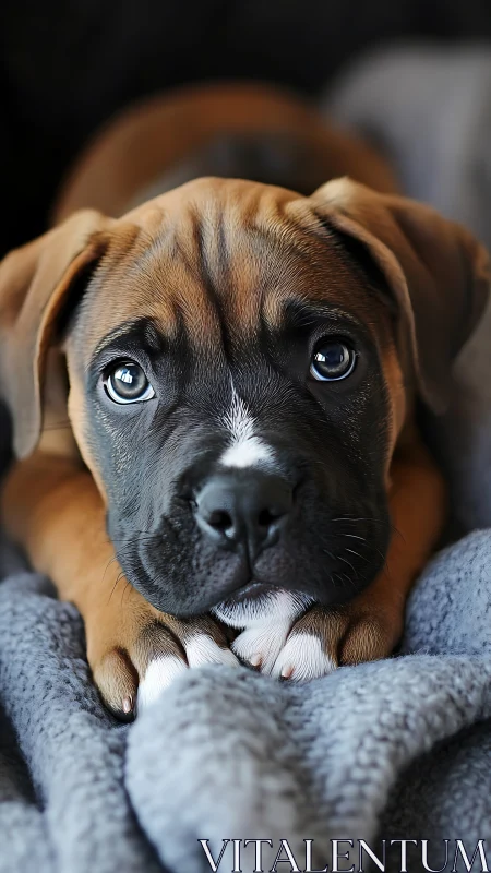 Sweet puppy gazing up with soulful eyes on soft blanket.