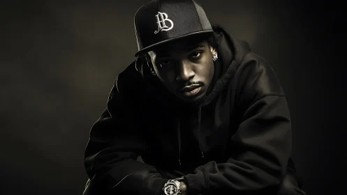 Studio portrait shows man in dark hoodie and cap sitting forward