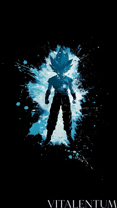 Energetic blue warrior silhouette explodes from dark void.