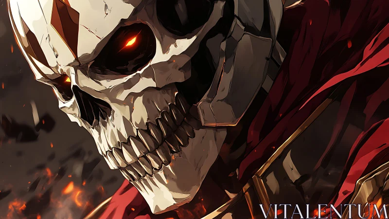 Flaming skull warrior in red cloak with glowing eyes.