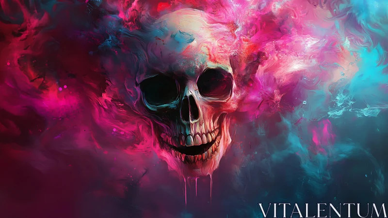 Chromatic vapor skull suspended in neon magenta cyan cloud