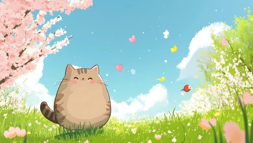 Plump tabby cat in spring meadow with cherry blossoms and blue sky
