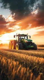 Modern green tractor advances through golden harvested field at dusk