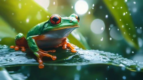 Tree frog sits on wet leaf in shallow depth of field scene